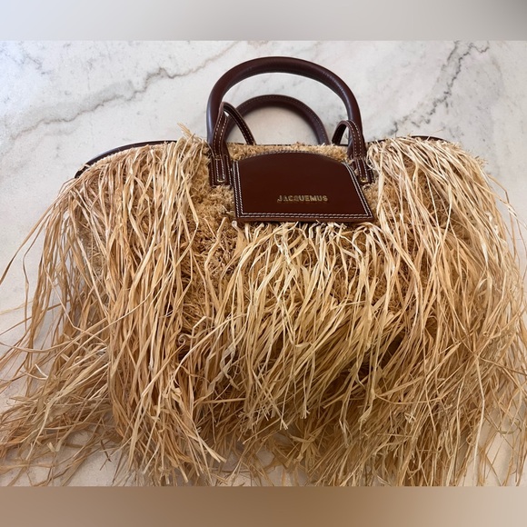Jacquemus Le Panier Soli fringe raffia tote bag with brown leather trim - Picture 10 of 13